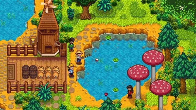 A screenshot of Stardew Valley players fishing in a pond while playing coop. 
