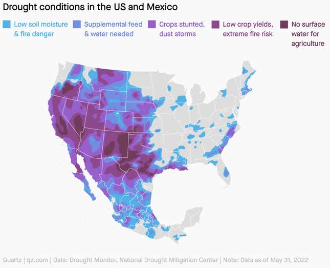 A map showing where drought is taking place in North and Central America. New Mexico, California, and Mexico are among the hardest hit places.