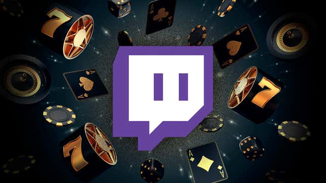 A Twitch logo stands in the middle of a bunch of gambling imagery, such as the number 7, chips, and playing cards with aces on them.
