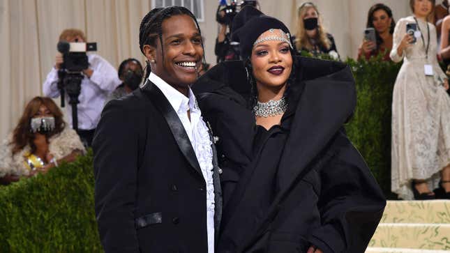 Rihanna and US rapper A$AP Rocky arrive for the 2021 Met Gala at the Metropolitan Museum of Art on September 13, 2021 in New York
