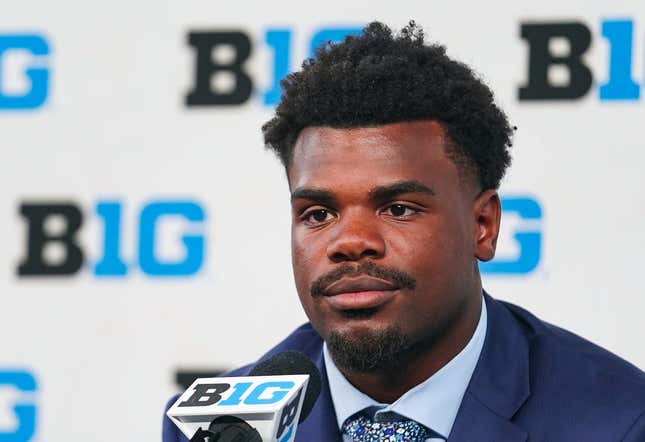 Jul 26, 2023; Indianapolis, IN, USA; Iowa Hawkeyes defensive lineman Noah Shannon speaks to the media during the Big 10 football media day at Lucas Oil Stadium.