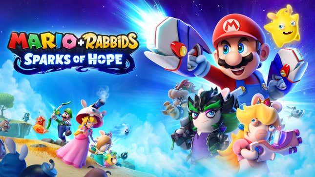 Mario + Rabbids: Sparks of Hope splash screen artwork, featuring Rabbid Peach.