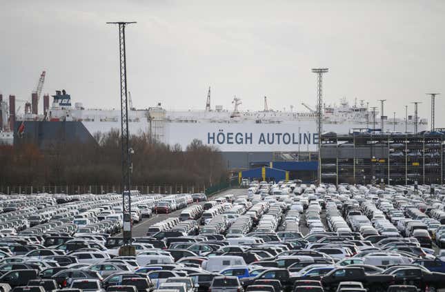 EU-made cars prepare to be loaded for export in Germany, February 2020. 