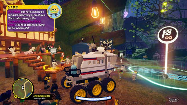 A lunar rover approaches a race event in Lego 2K Drive.