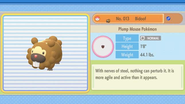 A screenshot of the Pokémon Bidoof from the game Brilliant Diamond and Shining Pearl showing its stats and description.