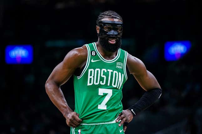 Apr 5, 2023; Boston, Massachusetts, USA; Boston Celtics guard Jaylen Brown (7) on the court against the Toronto Raptors in the second half at TD Garden.