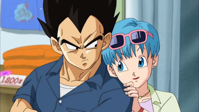 Vegeta and Bulma look at each other in Dragon Ball.