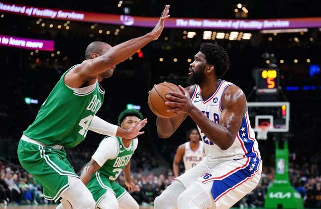 May 3, 2023;  Boston, Massachusetts, USA;  Philadelphia 76ers center Joel Embiid (21) looks to shoot against Boston Celtics center Al Horford (42) in the first quarter during game two of the 2023 NBA Playoffs at TD Garden.