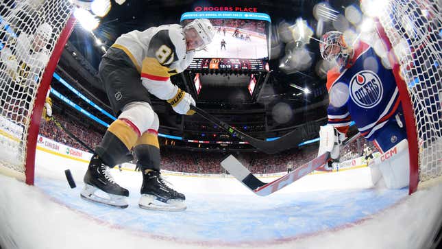Jonathan Marchessault (left) scores his second goal of the second period against the Edmonton Oilers in Game 6 of the second round of the 2023 Stanley Cup Playoffs.