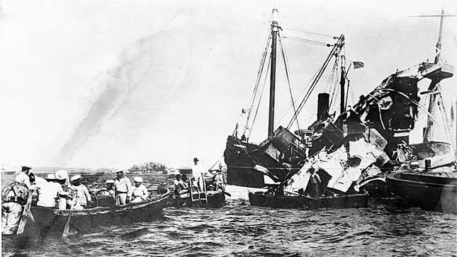 Lifeboats rescue surviving crewmen of the wrecked USS Maine after an underground explosion destroyed the battleship on the night of Feb. 15 as it was anchored in the Havana harbor, Cuba, in 1898. About 260 U.S. Naval personnel were killed in the explosion. The sinking of the U.S. warship was a catalyst for the outbreak of the Spanish-American War and the U.S. officially waged war on April 25.