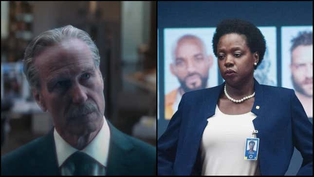 Thunderbolt Ross in Avengers: Infinity War (Screenshot: Marvel Studios); Right: Amanda Waller in Suicide Squad (Screenshot: Warner Bros.)