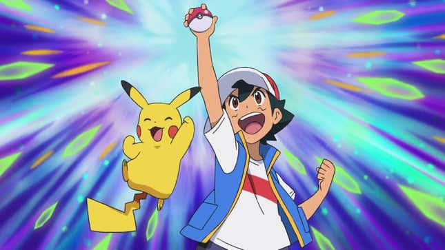 Ash and Pikachu are seen celebrating while Ash holds a Pokéball in the air.