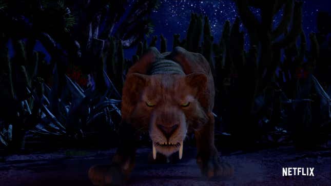 Jurassic Park: Camp Cretaceous' animated saber-toothed tiger faces the viewer and has its fangs bared in a darkened jungle.