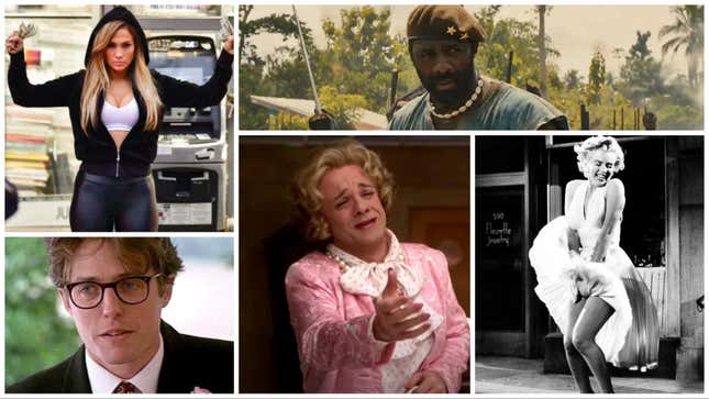 Clockwise from Upper Left: Jennifer Lopez in Hustlers (Screenshot: STX Films/YouTube), Idris Elba in Beasts of No Nation (Screenshot: Netflix/YouTube), Marilyn Monroe in The Seven Year Itch (20th Century Fox), Nathan Lane in The Birdcage (Screenshot: MGM/YouTube), Hugh Grant in Four Weddings and a Funeral (Screenshot: MGM/UA/YouTube)
