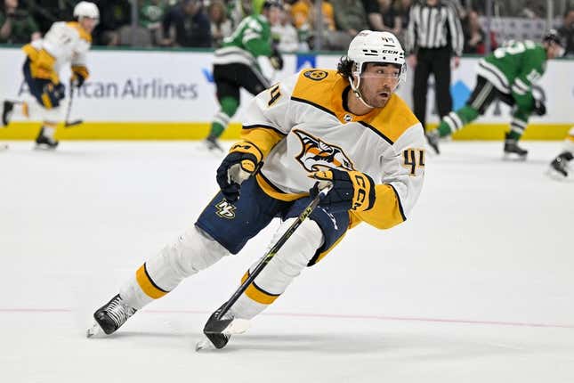 Apr 3, 2023; Dallas, Texas, USA; Nashville Predators left wing Kiefer Sherwood (44) skates against the Dallas Stars during the first period at the American Airlines Center.