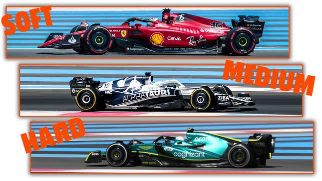 A collage of three F1 cars with different tires. 