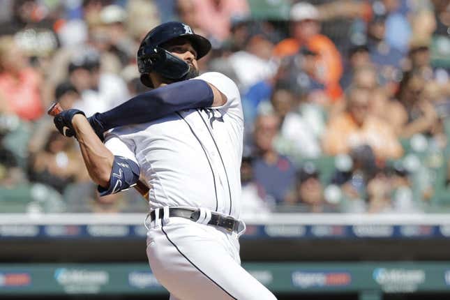 Aug 31, 2023; Detroit, Michigan, USA; Detroit Tigers center fielder Riley Greene (31) hits an RBI single in the fifth inning against the New York Yankees at Comerica Park.