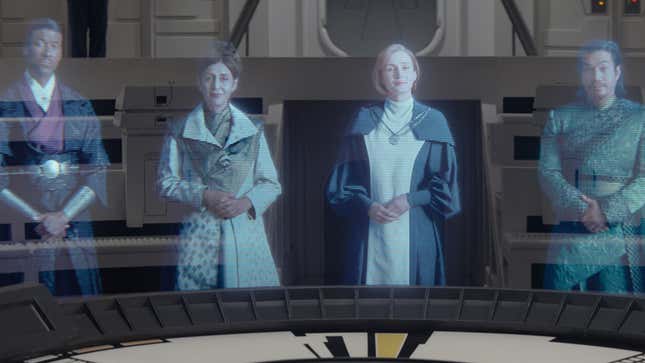 Mon Mothma and other senators appear on holo-call. 