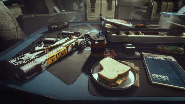 A partially eaten sandwich sits on a plate in Starfield.