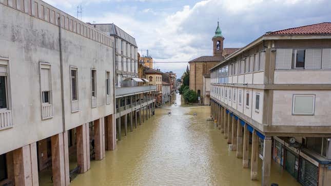 A flooded street in Lugo, in Ravenna province, northern Italy, on Thursday, May 18, 2023. Formula 1 has canceled the Grand Prix scheduled to take place in Imola, northern Italy, this weekend after the region was hit by torrential rains and flooding that led to several deaths.