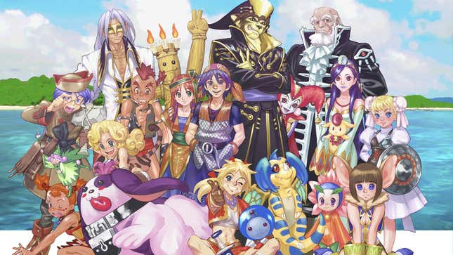 Art shows Chrono Cross' cast of characters posing for a photograph. 