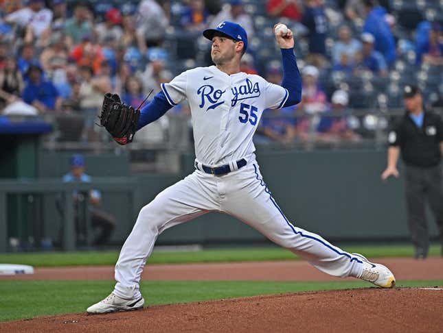 Aug 2, 2023; Kansas City, Missouri, USA;  Kansas City Royals starting pitcher Cole Ragans (55) delivers a pitch during the first inning the New York Mets against at Kauffman Stadium.