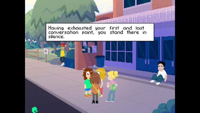 Four students have a conversation in front of a high school in Perfect Tides, one of the best games of 2022.
