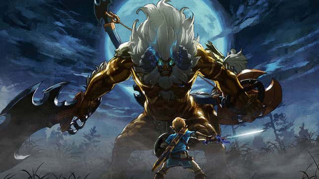 Link holds his ground against a ferocious monster in The Legend of Zelda: Breath of the Wild's DLC, The Master Trials.
