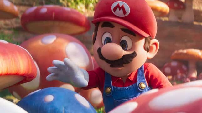 Mario touches a blue mushroom.