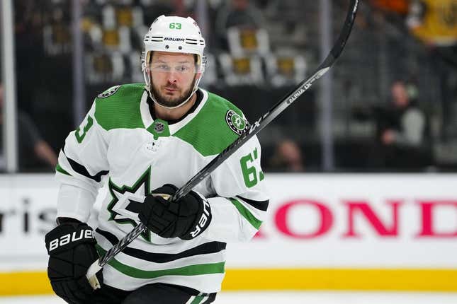 May 19, 2023; Las Vegas, Nevada, USA; Dallas Stars right wing Evgenii Dadonov (63) skates in warm-ups prior to the game against the Vegas Golden Knights in game one of the Western Conference Finals of the 2023 Stanley Cup Playoffs at T-Mobile Arena.