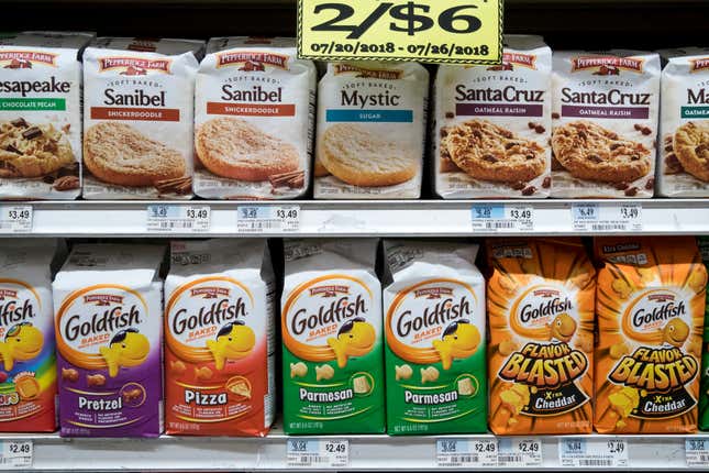 Pepperidge Farm Goldfish crackers and other items are displayed at a supermarket in the East Village neighborhood of Manhattan, Tuesday, July 24, 2018. 