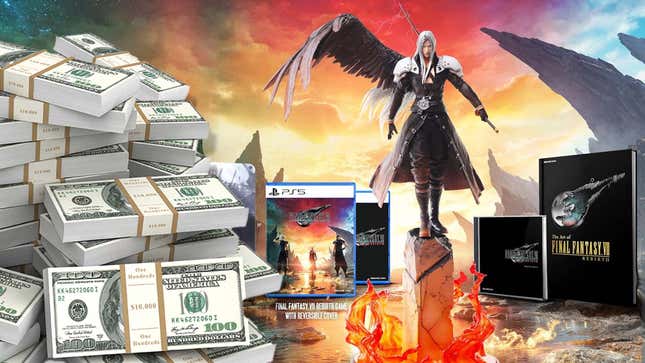 An image shows the pricey FF 7 Collector's Edition next to a big stack of money. 