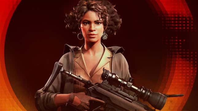 Deathloop's Julianna looks out at the viewer while holding a rifle with a massive scope on it.