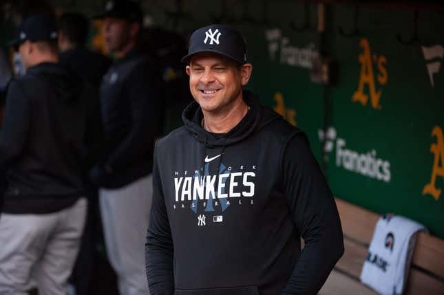 Jun 27, 2023; Oakland, California, USA; New York Yankees manager Aaron Boone (17) smiles before the game against the Oakland Athletics at Oakland-Alameda County Coliseum.