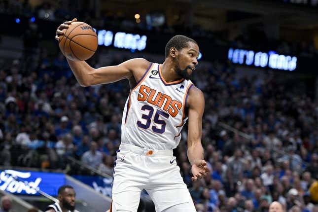Mar 5, 2023; Dallas, Texas, USA; Phoenix Suns forward Kevin Durant (35) grabs a rebound against the Dallas Mavericks during the second half at the American Airlines Center.
