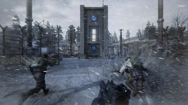 A first-person perspective shows players with weapons advancing forward in a snow storm.