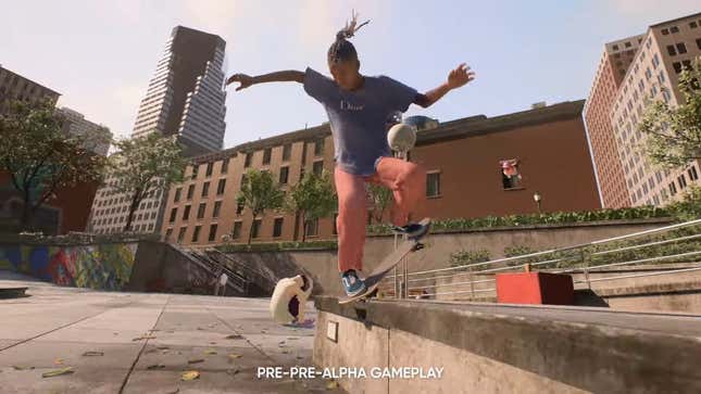 A skateboarder stomps a backside nose blunt on a concrete ledge in Skate.