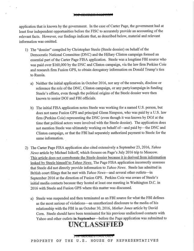 Image for article titled Read the full GOP House intelligence memo about the Trump dossier