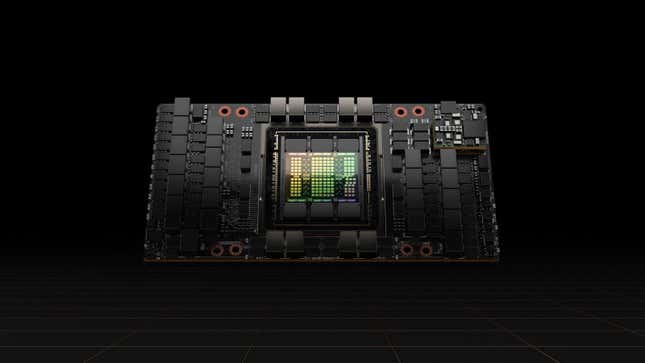 An Nvidia H100 chip on a black background