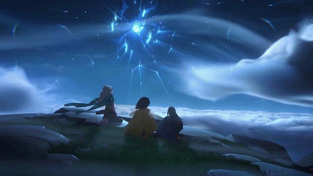 charactrers in everwild stare at a cloudy night