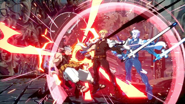Guilty Gear Strive's Ky Kiske (right) hits Chipp Zanuff (left) with a burst attack.