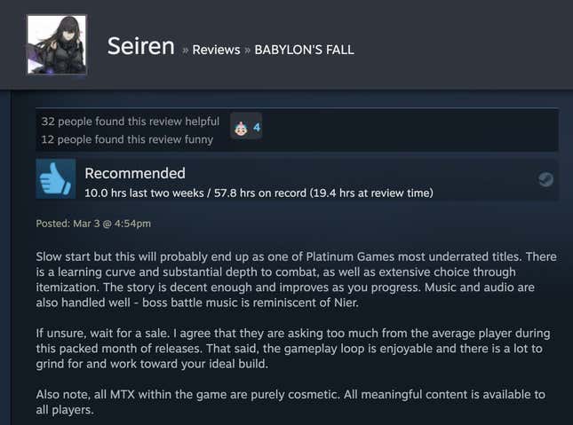Image for article titled Babylon’s Fall, As Told By Steam Reviews