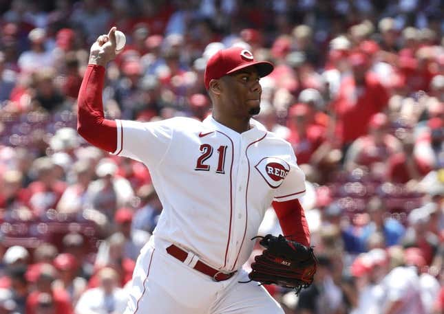 Aug 20, 2023; Cincinnati, Ohio, USA; Cincinnati Reds starting pitcher Hunter Greene (21) throws against the Toronto Blue Jays during the first inning at Great American Ball Park.