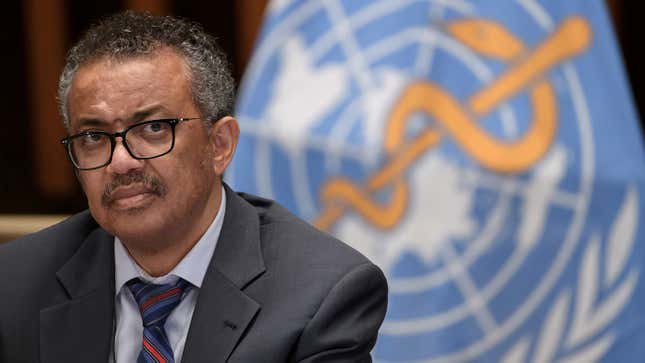 World Health Organization Director General Tedros Adhanom Ghebreyesus attends a news conference in Geneva