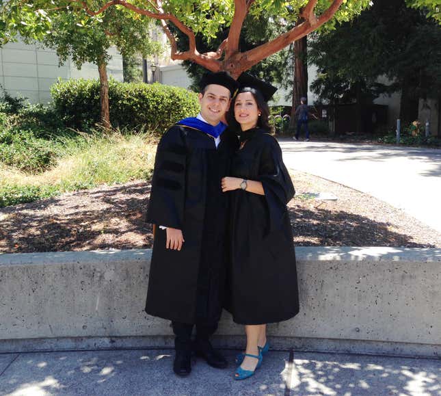 Niknaz Aftahi with her husband Fares at her graduation from UC Berkeley in 2014.
