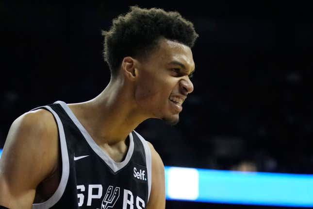 Victor Wembanyama celebrates after scoring against the Portland Trail Blazers during the second half of an NBA summer league basketball game.