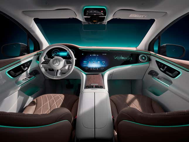 A champaign colored 2023 Mercedes EQE SUV.