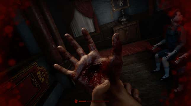 A protagonist from the Outlast Trials clutches her bloody hand.