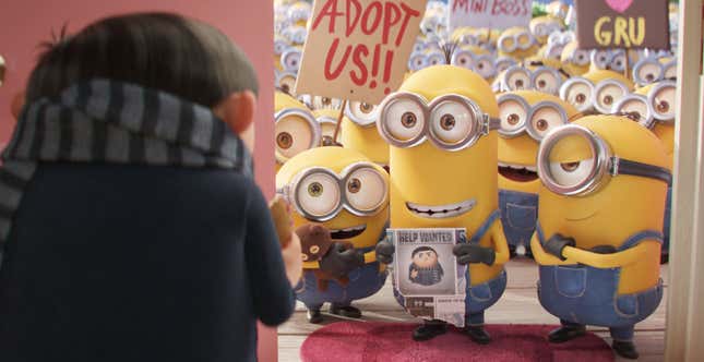 A young Gru (Steve Carrell) surrounded by the Minions in Minions: The Rise of Gru. 