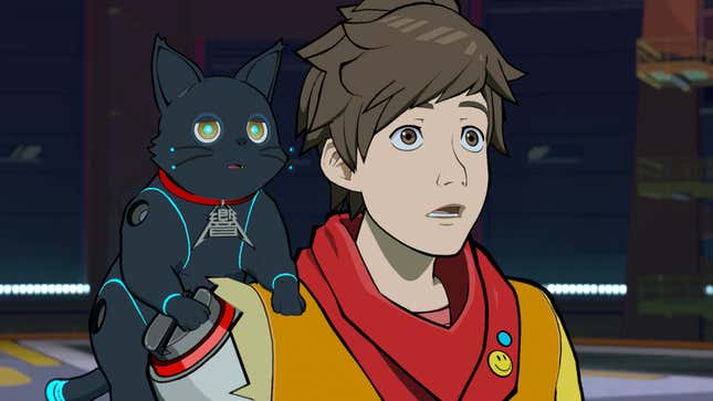 Chai is seen looking nervous at something off-screen with 808 the cat on his shoulder looking similarly nervous.